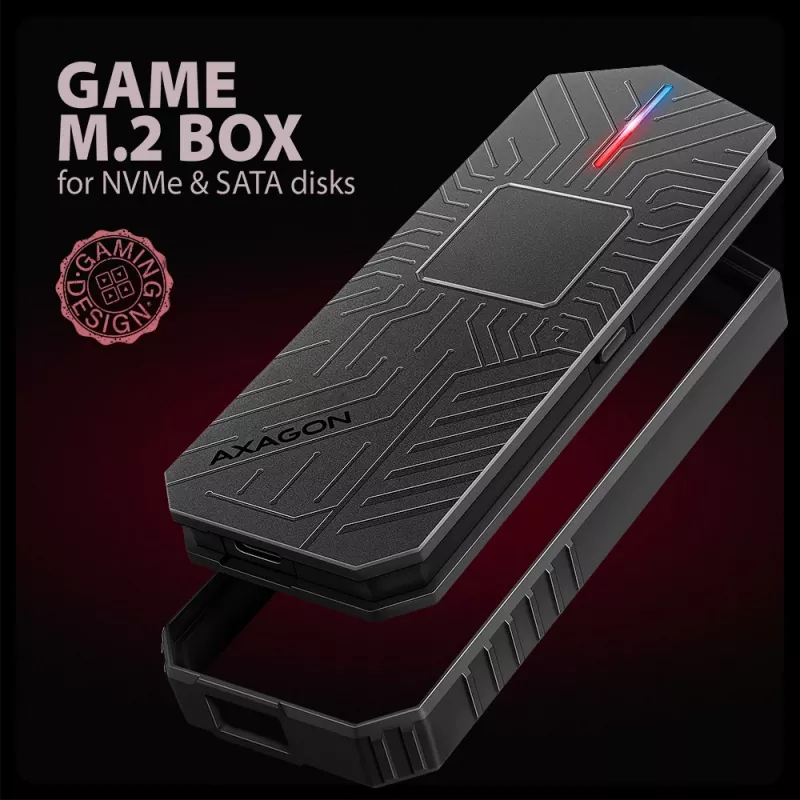 Axagon EEM2-GAM išorinis USB-C 10Gbps metalinis dėklas M.2 NVMe ir SATA SSD diskams, be varžtų