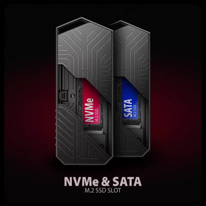 Axagon EEM2-GAM išorinis USB-C 10Gbps metalinis dėklas M.2 NVMe ir SATA SSD diskams, be varžtų