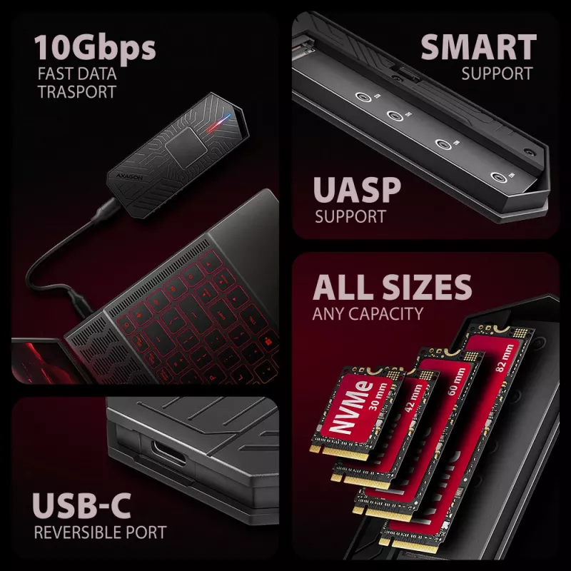 Axagon EEM2-GAM išorinis USB-C 10Gbps metalinis dėklas M.2 NVMe ir SATA SSD diskams, be varžtų