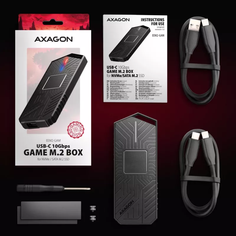 Axagon EEM2-GAM išorinis USB-C 10Gbps metalinis dėklas M.2 NVMe ir SATA SSD diskams, be varžtų