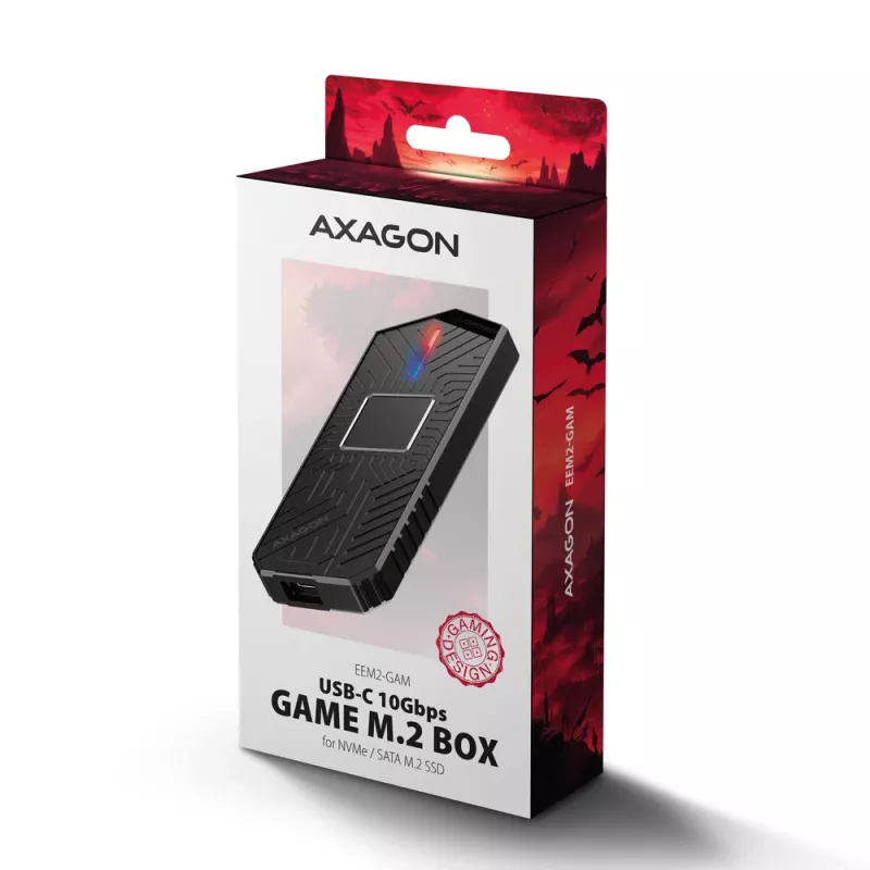 Axagon EEM2-GAM išorinis USB-C 10Gbps metalinis dėklas M.2 NVMe ir SATA SSD diskams, be varžtų