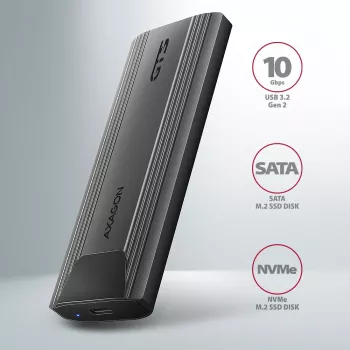 Axagon EEM2-GTS2 išorinis USB-C 10Gbps metalinis dėklas M.2 NVMe ir SATA SSD diskams, bevaržtis