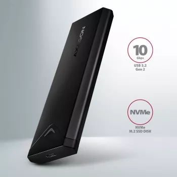 Išorinis USB-C 10Gbps metalinis dėklas Axagon EEM2-UB2 M.2 NVMe SSD diskams, juodas