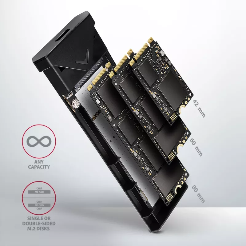 Išorinis USB-C 10Gbps metalinis dėklas Axagon EEM2-UB2 M.2 NVMe SSD diskams, juodas