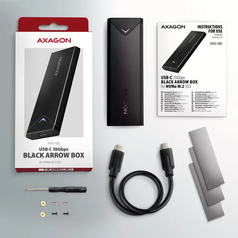 Išorinis USB-C 10Gbps metalinis dėklas Axagon EEM2-UB2 M.2 NVMe SSD diskams, juodas
