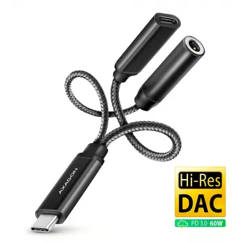 Axagon ADA-HCPD USB-C į 3.5 mm lizdą – Hi-Res DAC garso adapteris, 384kHz/32bit, PD 60W 3A