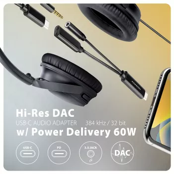 Axagon ADA-HCPD USB-C į 3.5 mm lizdą – Hi-Res DAC garso adapteris, 384kHz/32bit, PD 60W 3A