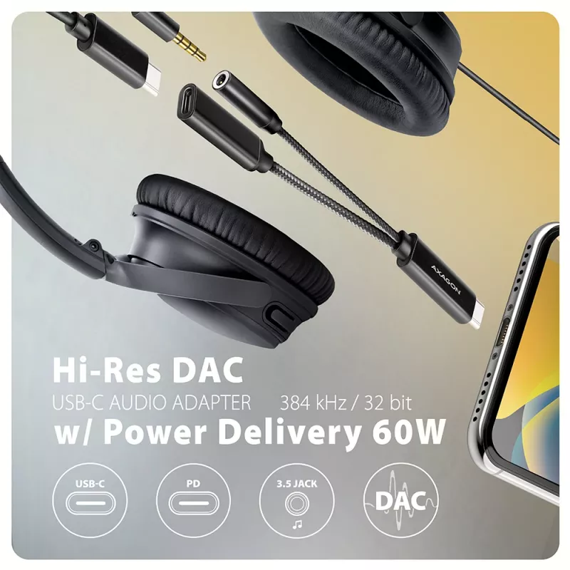 Axagon ADA-HCPD USB-C į 3.5 mm lizdą – Hi-Res DAC garso adapteris, 384kHz/32bit, PD 60W 3A