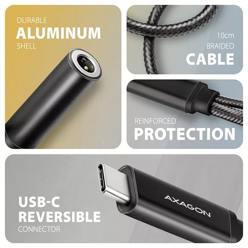 Axagon ADA-HCPD USB-C į 3.5 mm lizdą – Hi-Res DAC garso adapteris, 384kHz/32bit, PD 60W 3A