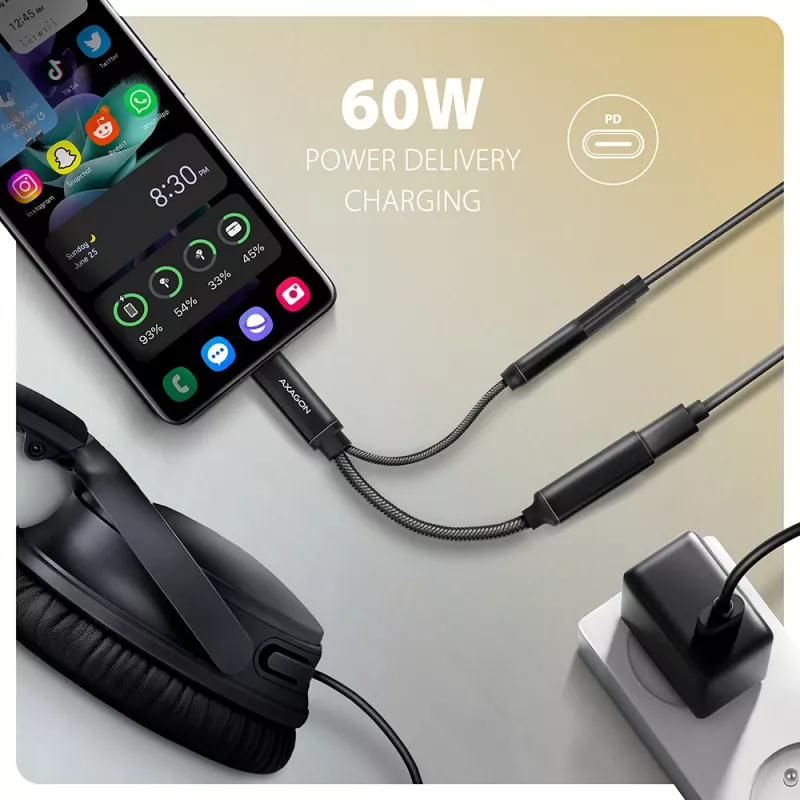 Axagon ADA-HCPD USB-C į 3.5 mm lizdą – Hi-Res DAC garso adapteris, 384kHz/32bit, PD 60W 3A