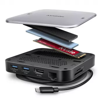 AXAGON HMC-UFO USB-C 9in1 stotelė su M.2 SATA/NVMe lizdu, 1 Gbit/s Ethernet, 384 kHz garsu, USB 3.2 Gen 2 Type-C, juoda