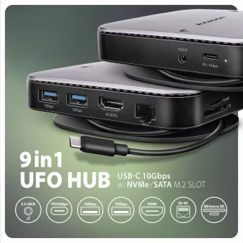 AXAGON HMC-UFO USB-C 9in1 stotelė su M.2 SATA/NVMe lizdu, 1 Gbit/s Ethernet, 384 kHz garsu, USB 3.2 Gen 2 Type-C, juoda