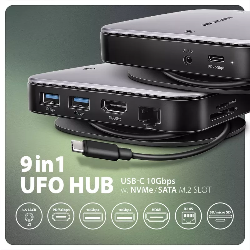 AXAGON HMC-UFO USB-C 9in1 stotelė su M.2 SATA/NVMe lizdu, 1 Gbit/s Ethernet, 384 kHz garsu, USB 3.2 Gen 2 Type-C, juoda