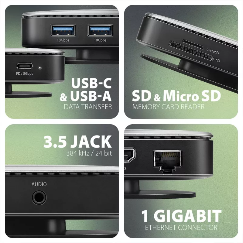 AXAGON HMC-UFO USB-C 9in1 stotelė su M.2 SATA/NVMe lizdu, 1 Gbit/s Ethernet, 384 kHz garsu, USB 3.2 Gen 2 Type-C, juoda