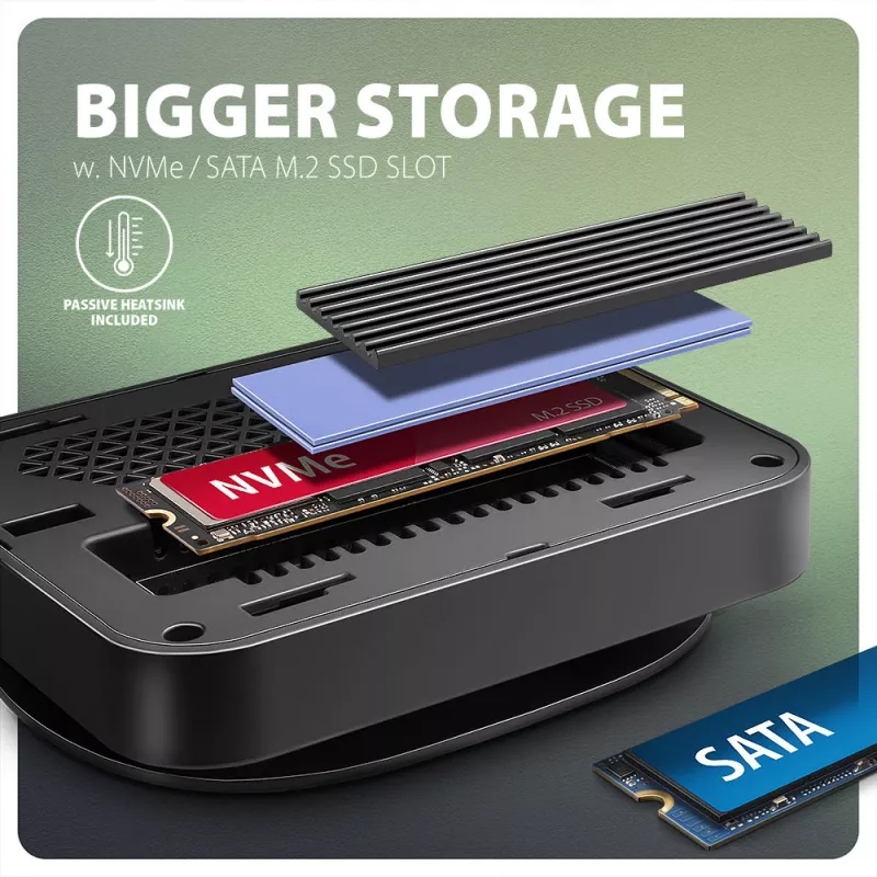 AXAGON HMC-UFO USB-C 9in1 stotelė su M.2 SATA/NVMe lizdu, 1 Gbit/s Ethernet, 384 kHz garsu, USB 3.2 Gen 2 Type-C, juoda