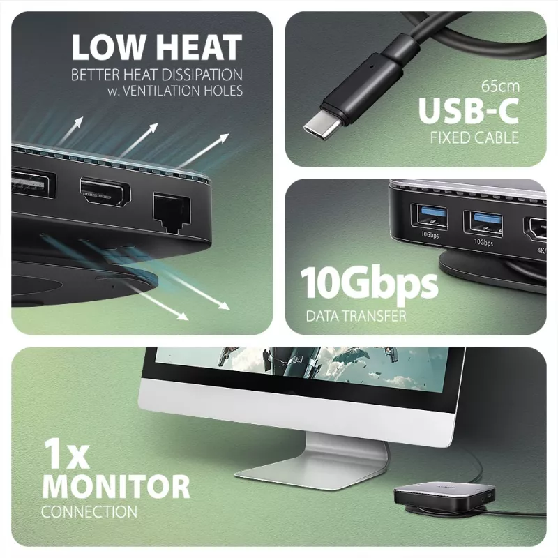 AXAGON HMC-UFO USB-C 9in1 stotelė su M.2 SATA/NVMe lizdu, 1 Gbit/s Ethernet, 384 kHz garsu, USB 3.2 Gen 2 Type-C, juoda