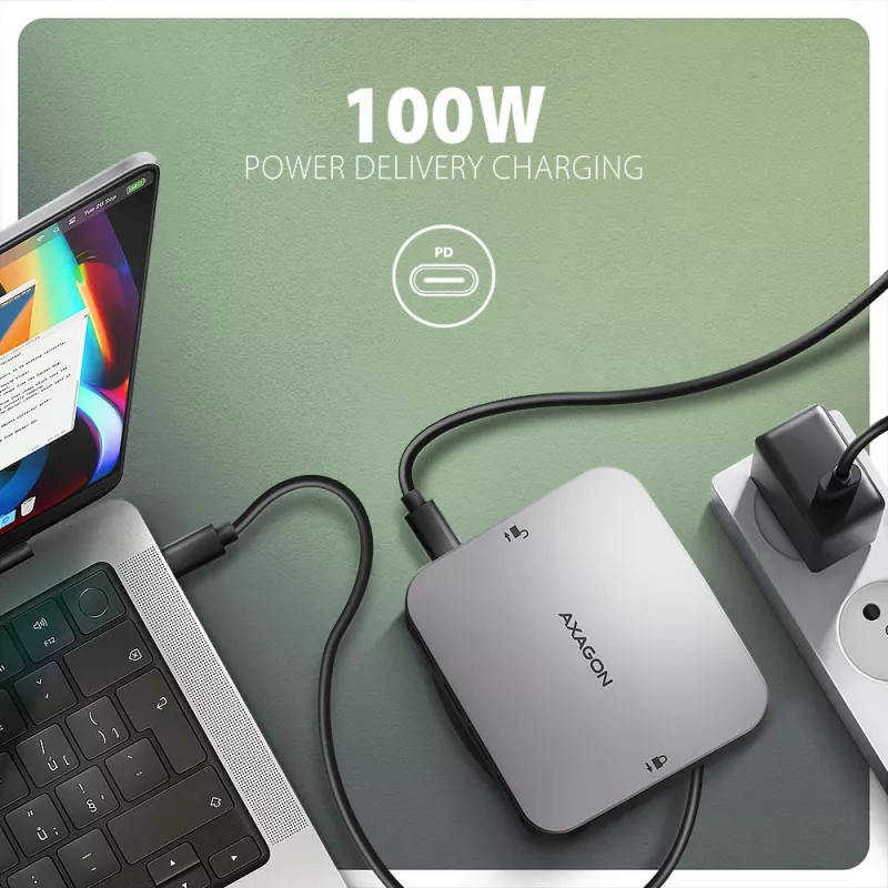 AXAGON HMC-UFO USB-C 9in1 stotelė su M.2 SATA/NVMe lizdu, 1 Gbit/s Ethernet, 384 kHz garsu, USB 3.2 Gen 2 Type-C, juoda