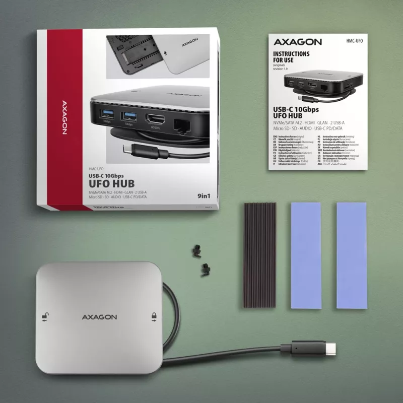 AXAGON HMC-UFO USB-C 9in1 stotelė su M.2 SATA/NVMe lizdu, 1 Gbit/s Ethernet, 384 kHz garsu, USB 3.2 Gen 2 Type-C, juoda