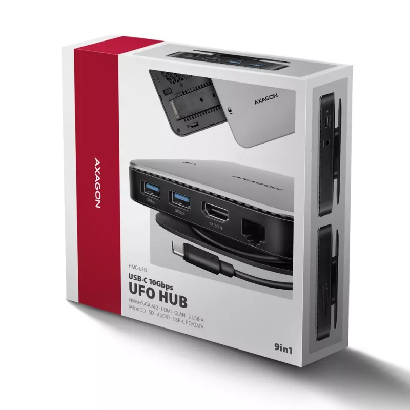 AXAGON HMC-UFO USB-C 9in1 stotelė su M.2 SATA/NVMe lizdu, 1 Gbit/s Ethernet, 384 kHz garsu, USB 3.2 Gen 2 Type-C, juoda