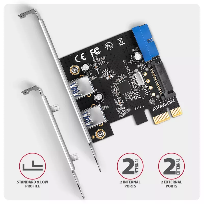 Axagon PCEU-232RS PCIe valdiklis 2x išor. + 2x vid. USB 5Gbps