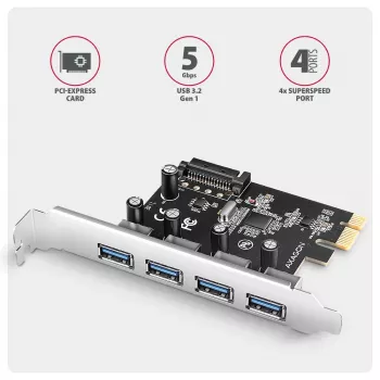Axagon PCEU-430RS PCIe valdiklis 4x išor. USB-A 5Gbps prievadas, PCIe, USB 3.2 Gen 1, Moteriškas, Pilno aukščio, PCIe 2.0, SATA 15-pin