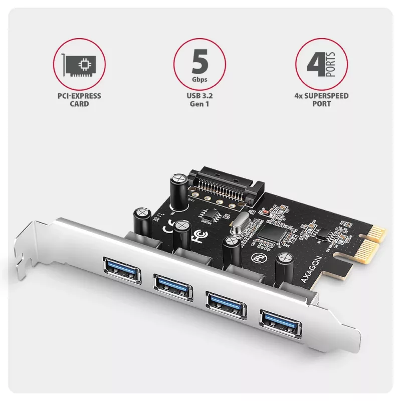 Axagon PCEU-430RS PCIe valdiklis 4x išor. USB-A 5Gbps prievadas, PCIe, USB 3.2 Gen 1, Moteriškas, Pilno aukščio, PCIe 2.0, SATA 15-pin