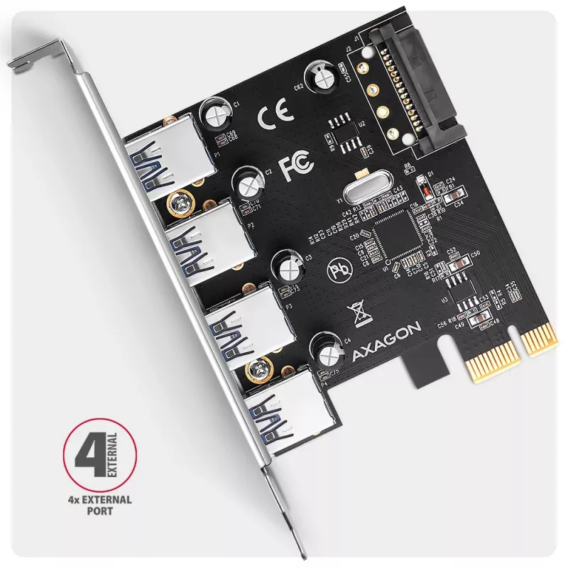 Axagon PCEU-430RS PCIe valdiklis 4x išor. USB-A 5Gbps prievadas, PCIe, USB 3.2 Gen 1, Moteriškas, Pilno aukščio, PCIe 2.0, SATA 15-pin