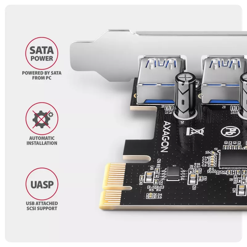 Axagon PCEU-430RS PCIe valdiklis 4x išor. USB-A 5Gbps prievadas, PCIe, USB 3.2 Gen 1, Moteriškas, Pilno aukščio, PCIe 2.0, SATA 15-pin