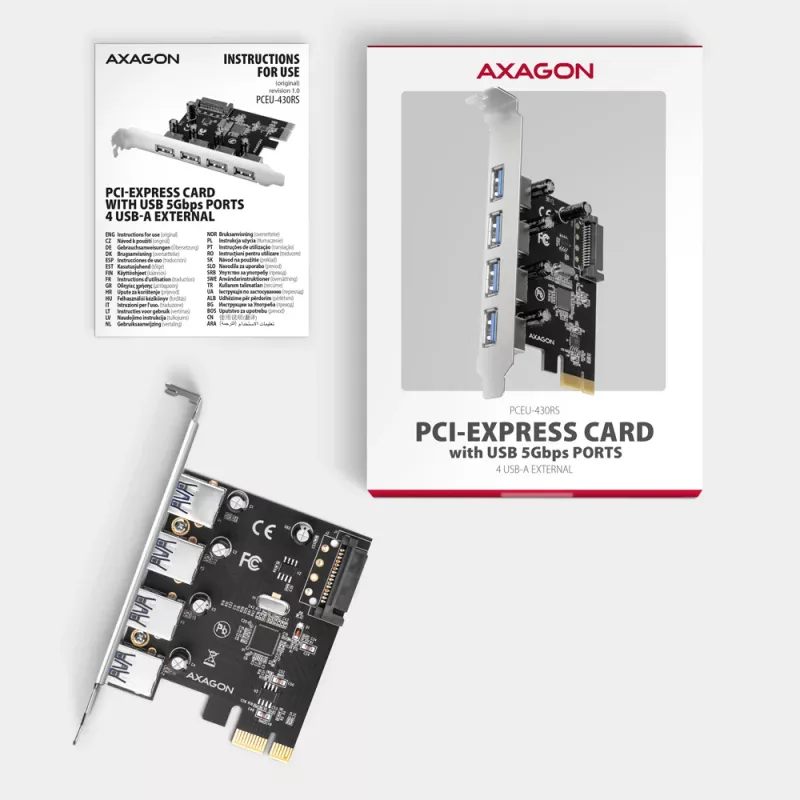 Axagon PCEU-430RS PCIe valdiklis 4x išor. USB-A 5Gbps prievadas, PCIe, USB 3.2 Gen 1, Moteriškas, Pilno aukščio, PCIe 2.0, SATA 15-pin