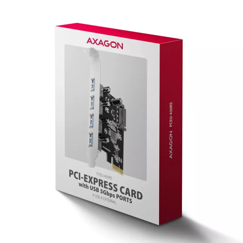 Axagon PCEU-430RS PCIe valdiklis 4x išor. USB-A 5Gbps prievadas, PCIe, USB 3.2 Gen 1, Moteriškas, Pilno aukščio, PCIe 2.0, SATA 15-pin