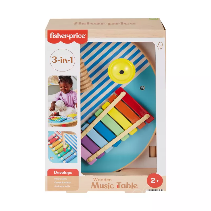 Fisher-Price medinis muzikinis stalas su perkusiniais instrumentais, 3 medinės dalys