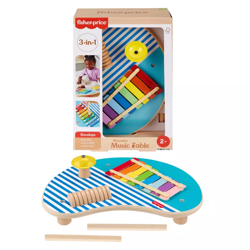 Fisher-Price medinis muzikinis stalas su perkusiniais instrumentais, 3 medinės dalys