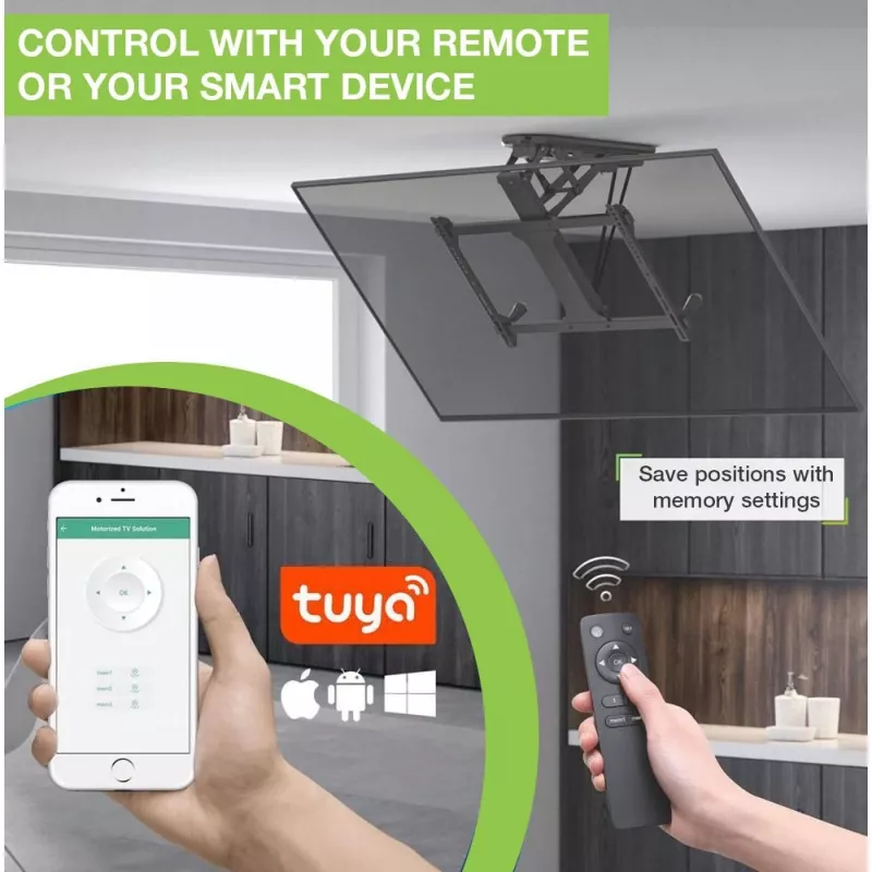 Techly motorizuotas pasukamas lubinis TV laikiklis su išmaniuoju namų integravimu, tinka 32-70 colių televizoriams