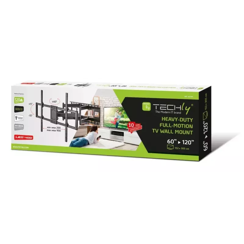 Techly plonas sieninis laikiklis 60-120 colių LCD LED televizoriui, juodas, maksimali apkrova 120 kg
