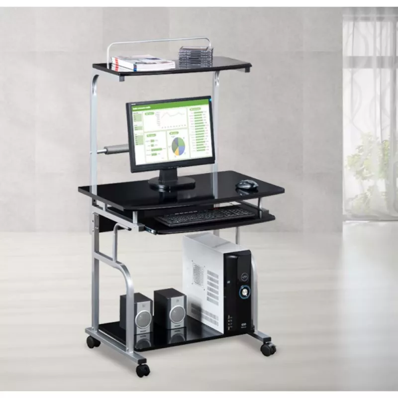 Techly ICA-TB 7800BK Kompaktiškas daugiafunkcis kompiuterinis stalas, blizganti juoda