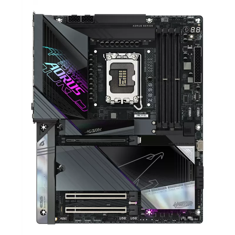 GIGABYTE Z890 AORUS MASTER pagrindinė plokštė – palaiko Intel Core Ultra (2 serija), 18+1+2 fazių VRM, iki 9500MHz DDR5 (OC), 2xPCIe 5.0 + 3xPCIe 4.0, Wi-Fi 7, 10GbE LAN, Thunderbolt 4