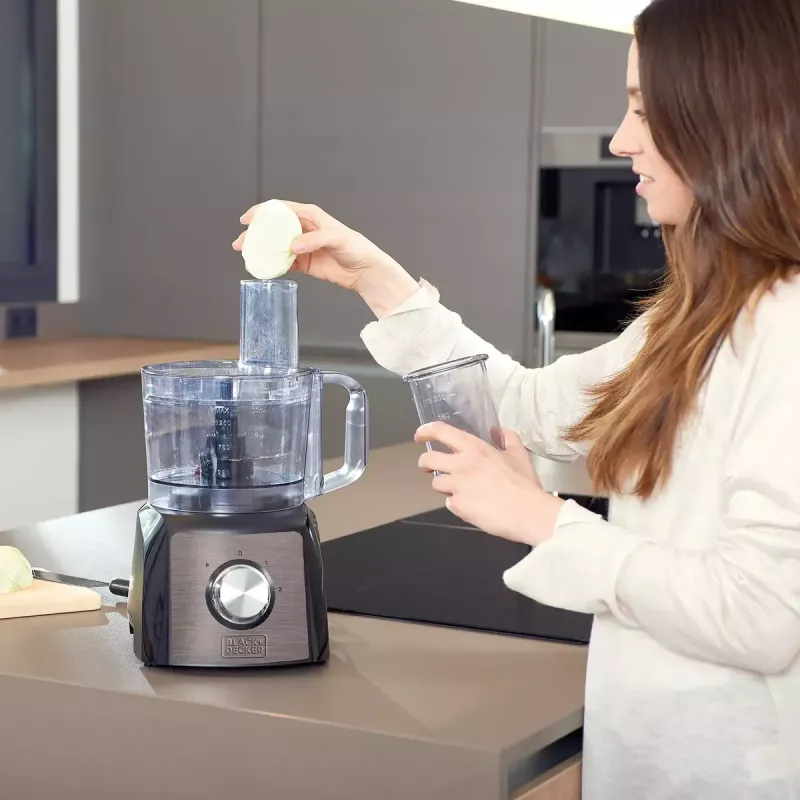 Virtuvinis kombainas Black & Decker BXFPA1200E — 1200 W, 1,5 L dubuo, 2 greičiai, pulsacija, nerūdijančio plieno korpusas