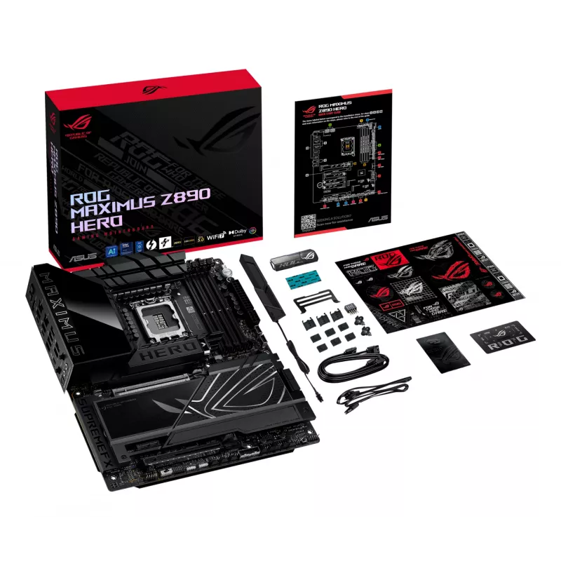 Motininė plokštė ASUS ROG MAXIMUS Z890 HERO — Intel Z890, LGA 1851, ATX, DDR5, 4 DIMM, 6x M.2, Wi‑Fi 7, 2.5Gb LAN