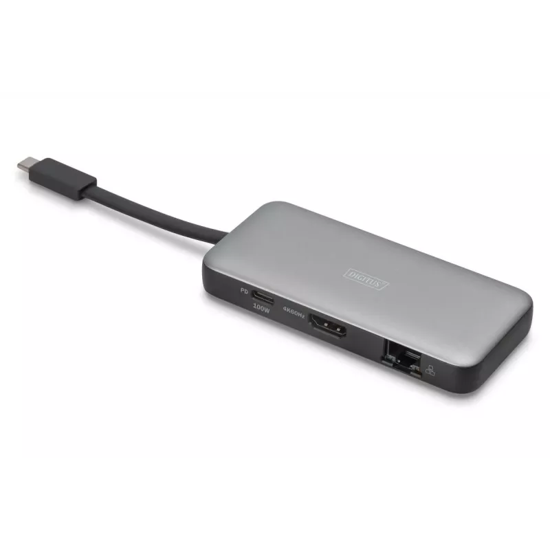 DIGITUS USB-C kelioninė dokų stotelė, 7 prievadų - HDMI / 2x USB-A 3.2 Gen 1 / GbE / SD / MicroSD - 100W USB-C Power Delivery