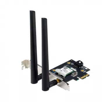 Vidinė WLAN Bluetooth adapterė ASUS PCE-BE6500 – PCIe, trijuostė Wi‑Fi 6E/7 (2.4/5/6 GHz), Bluetooth 5.4, 2882 Mbps, išorinė antena, juoda