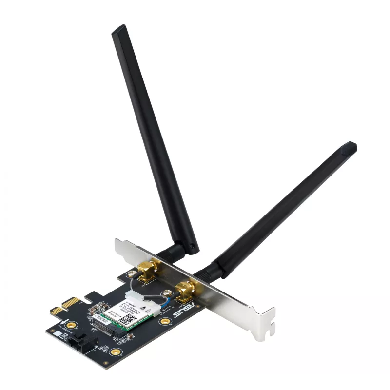 Vidinė WLAN Bluetooth adapterė ASUS PCE-BE6500 – PCIe, trijuostė Wi‑Fi 6E/7 (2.4/5/6 GHz), Bluetooth 5.4, 2882 Mbps, išorinė antena, juoda
