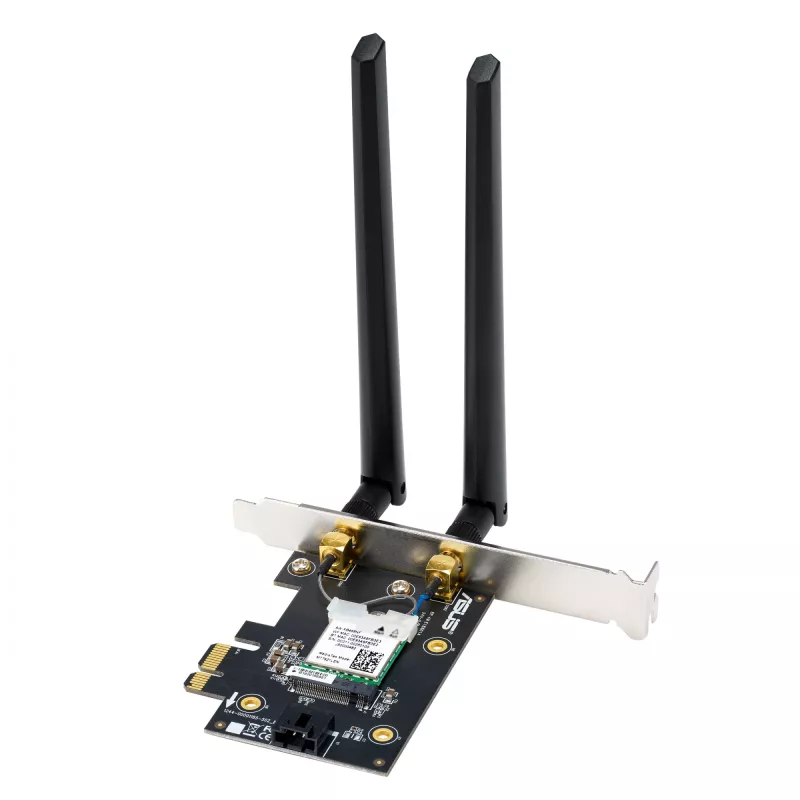 Vidinė WLAN Bluetooth adapterė ASUS PCE-BE6500 – PCIe, trijuostė Wi‑Fi 6E/7 (2.4/5/6 GHz), Bluetooth 5.4, 2882 Mbps, išorinė antena, juoda