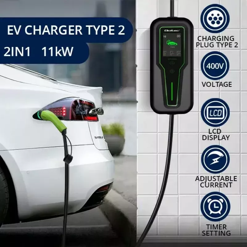 Nešiojamas EV kroviklis QOLTEC 52467 Type 2, 11 kW, trifazis