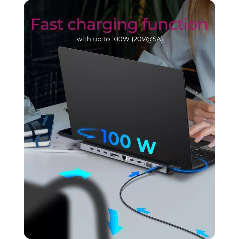 ICY BOX 11-in-1 USB Type-C stotelė, laidinė, USB 3.2 Gen 1 Type-C, 100 W, 3,5 mm, 10/100/1000 Mbit/s, antracitas, juoda