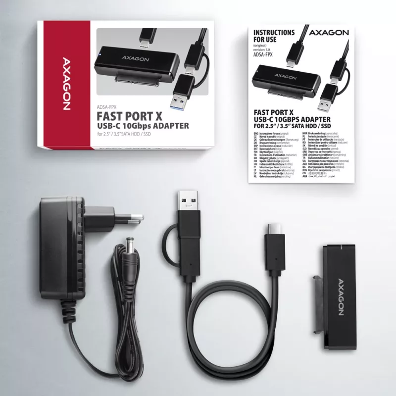 Adapteris Axagon ADSA-FPX FAST PORT X USB-C 10Gbps SATA 6G 2.5 inch / 3.5 inch SSD/HDD
