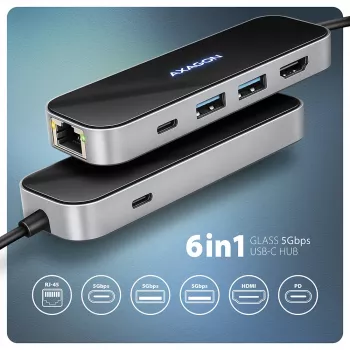 Axagon HMC-6GLN USB 5Gbps 6-in-1 stotelė, 2x USB-A, USB-C, HDMI 4k/60Hz, RJ-45, PD 100W, USB-C laidas