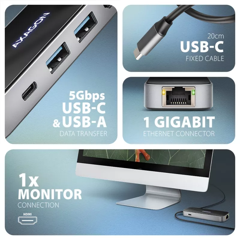 Axagon HMC-6GLN USB 5Gbps 6-in-1 stotelė, 2x USB-A, USB-C, HDMI 4k/60Hz, RJ-45, PD 100W, USB-C laidas