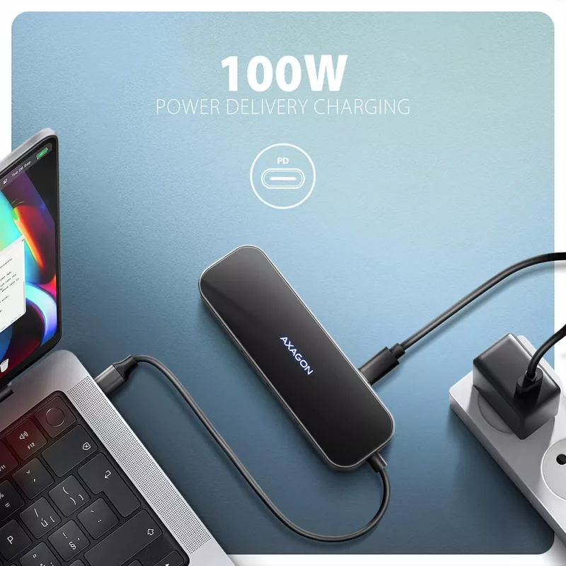 Axagon HMC-6GLN USB 5Gbps 6-in-1 stotelė, 2x USB-A, USB-C, HDMI 4k/60Hz, RJ-45, PD 100W, USB-C laidas