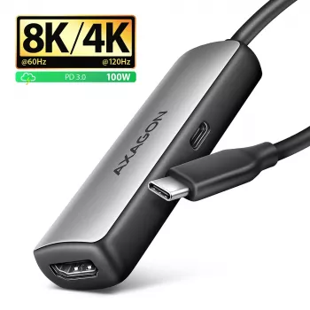 Adapteris Axagon RVC-HI8KPD, USB-C → HDMI 2.1, 8K/60Hz, 4K/144Hz, HDR10+, PD100W