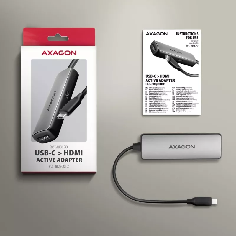 Adapteris Axagon RVC-HI8KPD, USB-C → HDMI 2.1, 8K/60Hz, 4K/144Hz, HDR10+, PD100W
